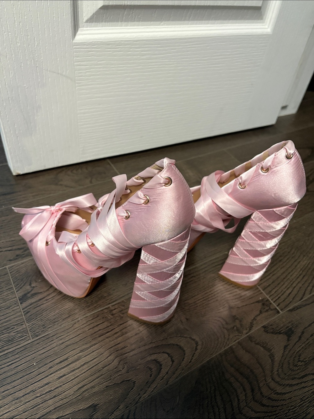 Pink Satin Ribbon-Wrapped Platform Block Heels - Picture 4 of 8